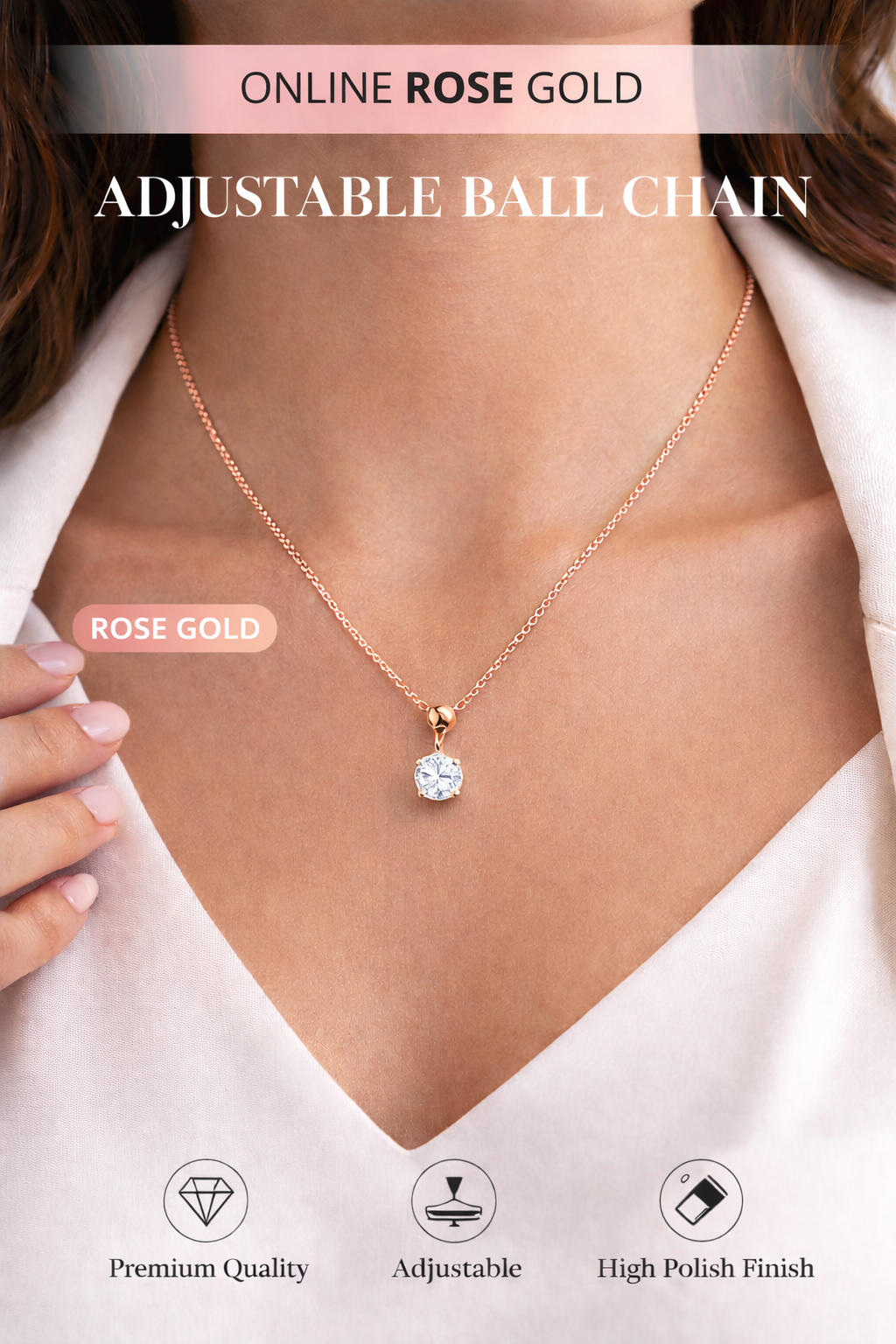 92.5 Sterling Silver Adjustable Cable Chain O.35mm Wire Necklace with Silicon Slider Ball & Lobster Clasp (16–22 Inch, Silver/Rose Gold/Yellow Gold)